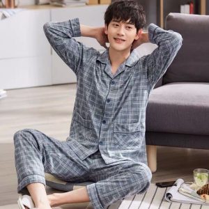 Pyjama gris à col rabattu avec imprimé géométrique pour hommes