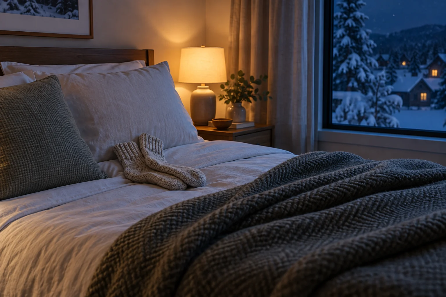 Paire de chaussettes en maille posée sur un lit dans une chambre d’hiver.