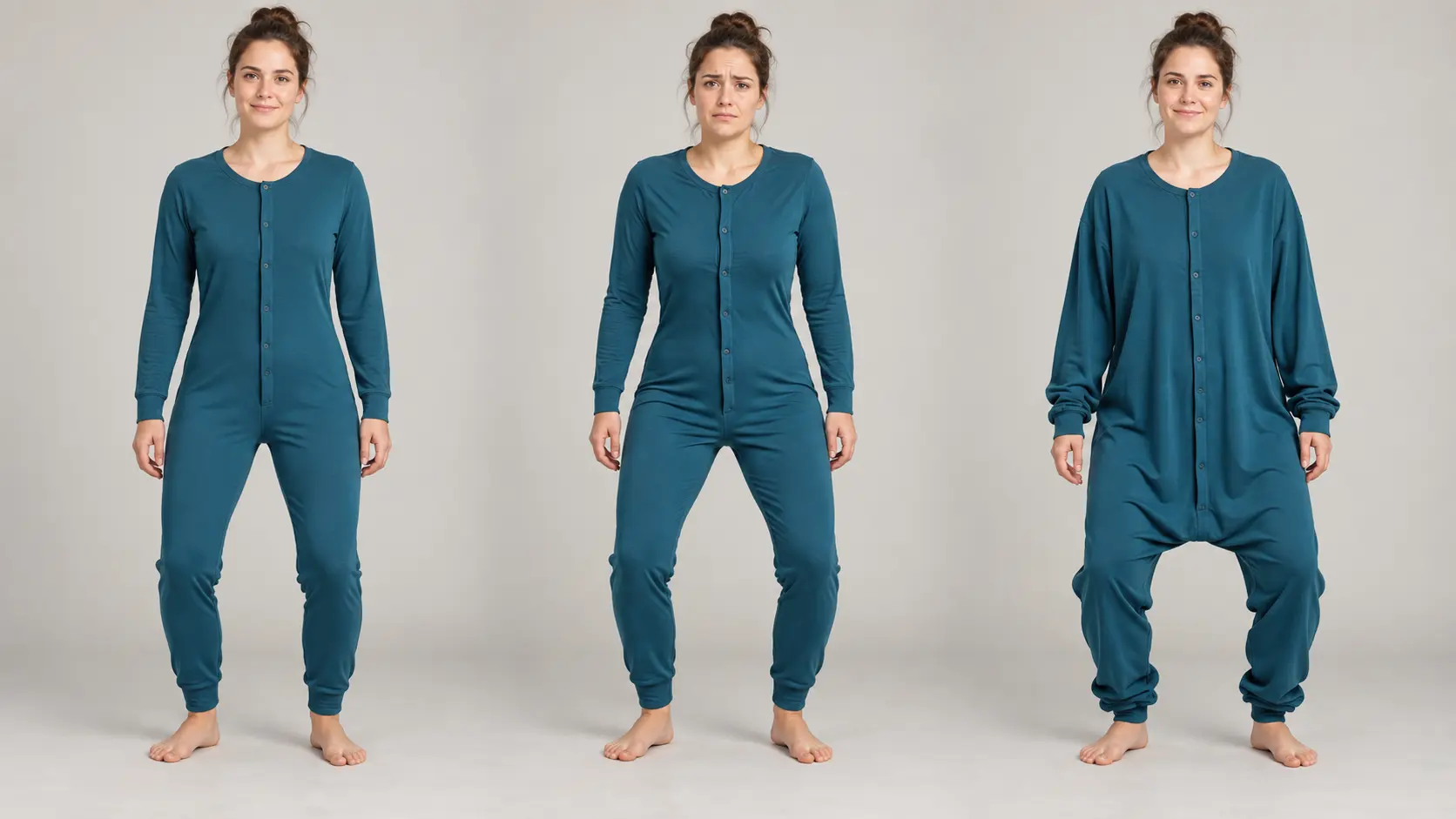 Comparaison de trois coupes de combinaison pyjama adulte, ajustée, trop courte et trop ample
