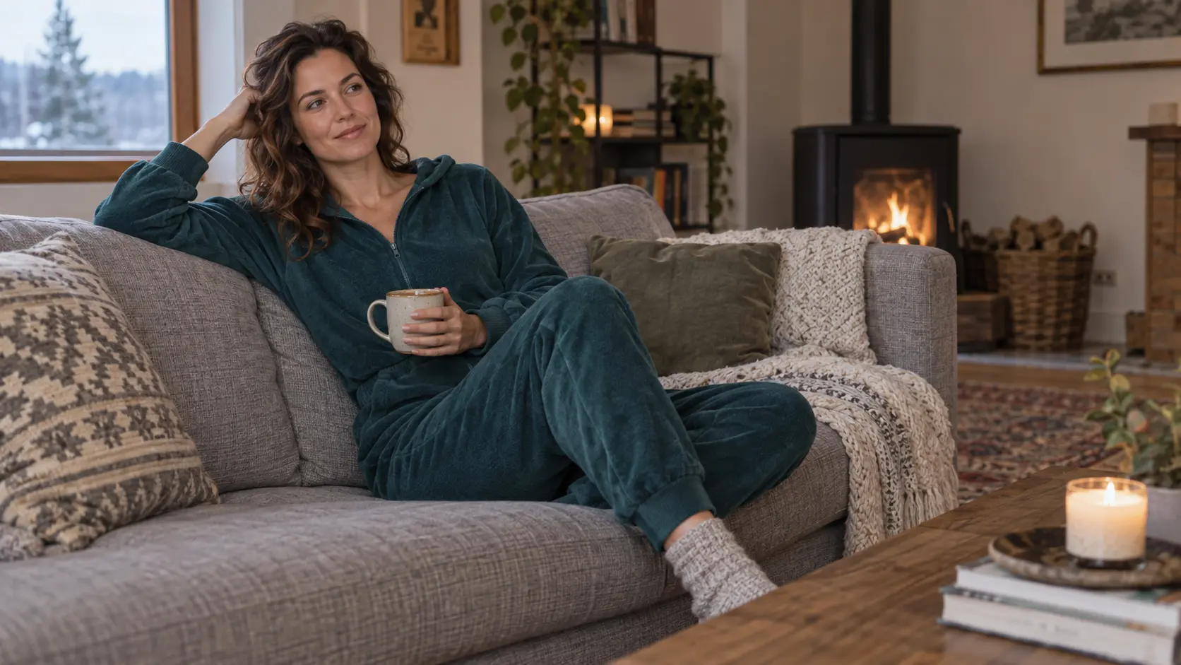 Adulte en combinaison pyjama assis confortablement dans un salon frais