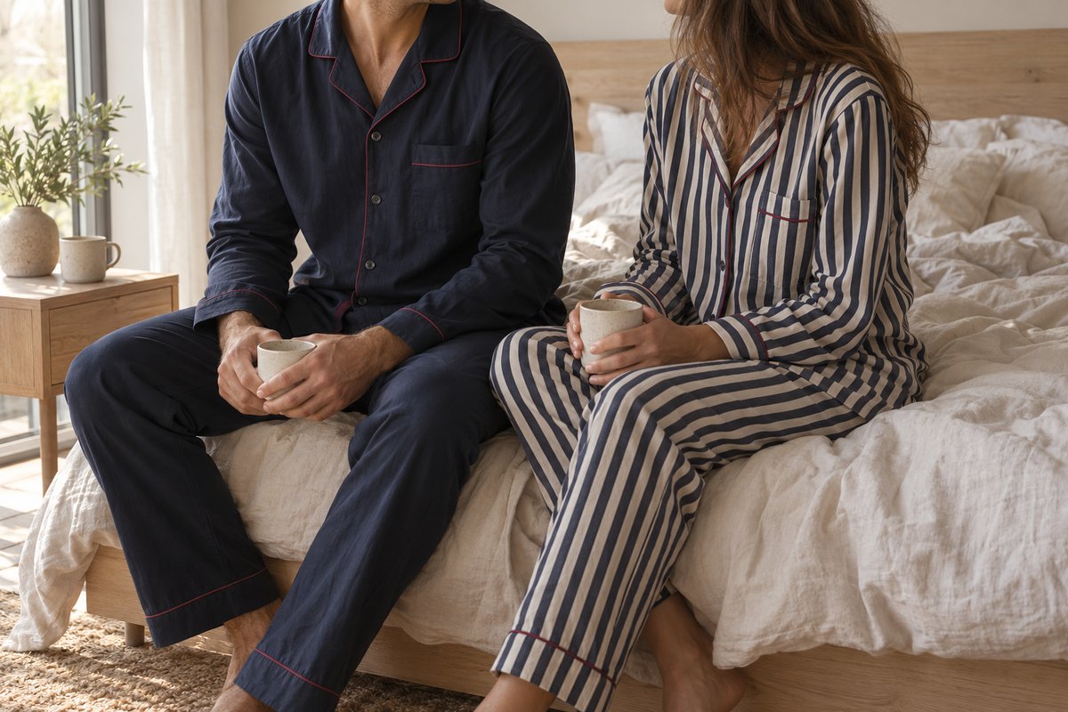 Couple assis sur un lit en pyjamas coordonnés bleu nuit uni et rayé écru