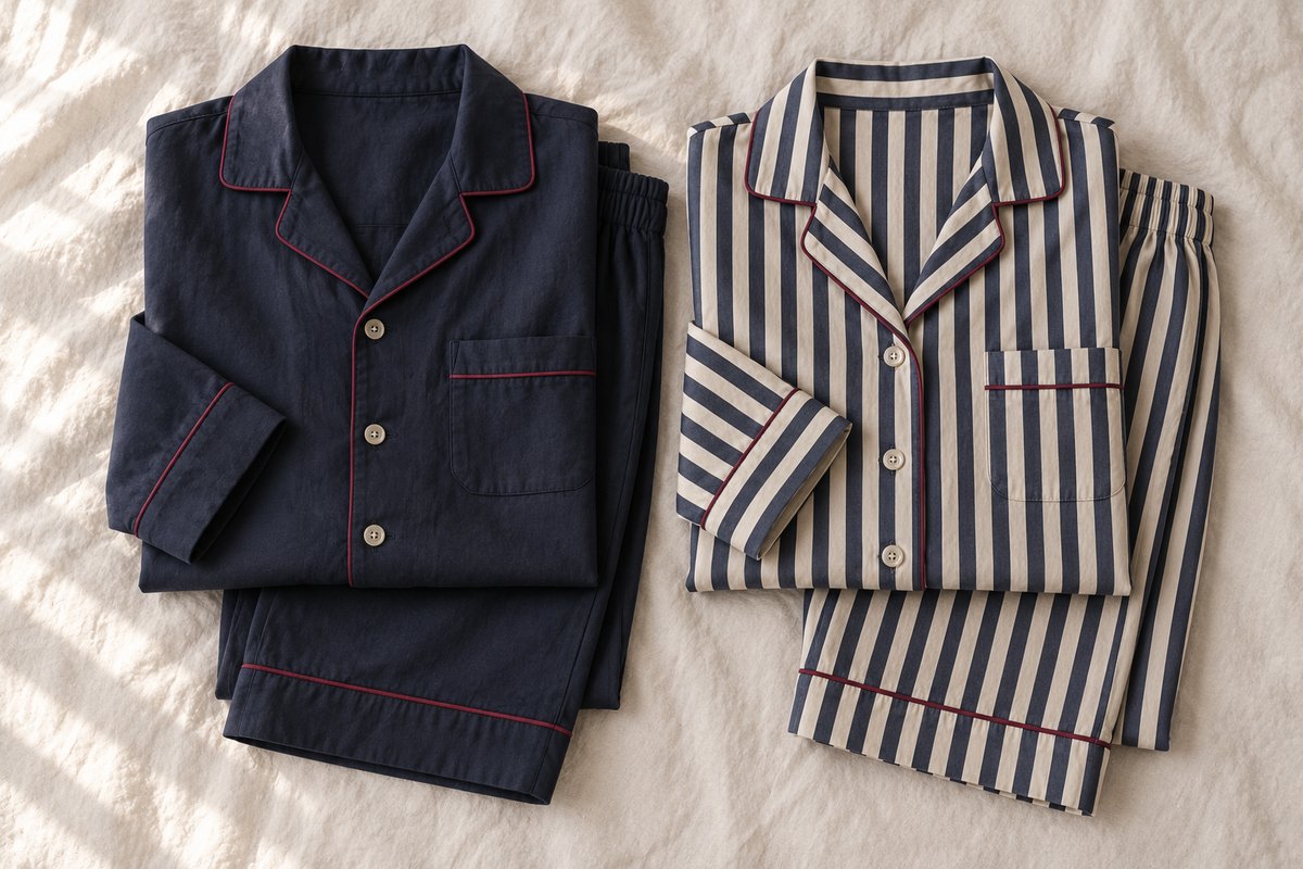 Deux pyjamas pliés côte à côte, bleu nuit uni et rayé écru, passepoil bordeaux