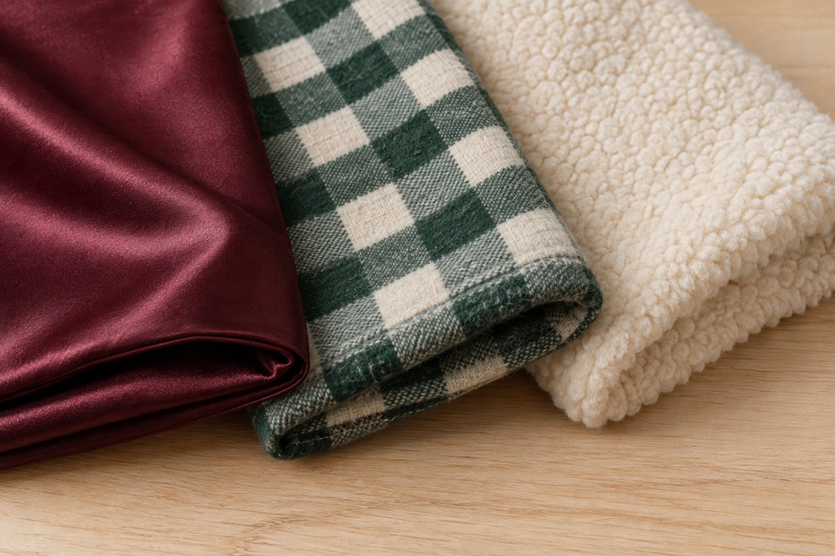 Gros plan de trois étoffes de pyjama : satin bordeaux, flanelle vichy, pilou crème